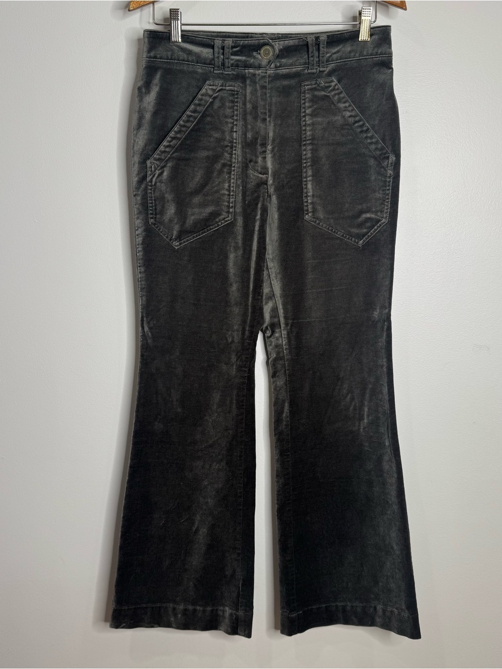 Maeve Anthropologie Velvet Flare Trouser Pants Gray Green Size 4 Stretch